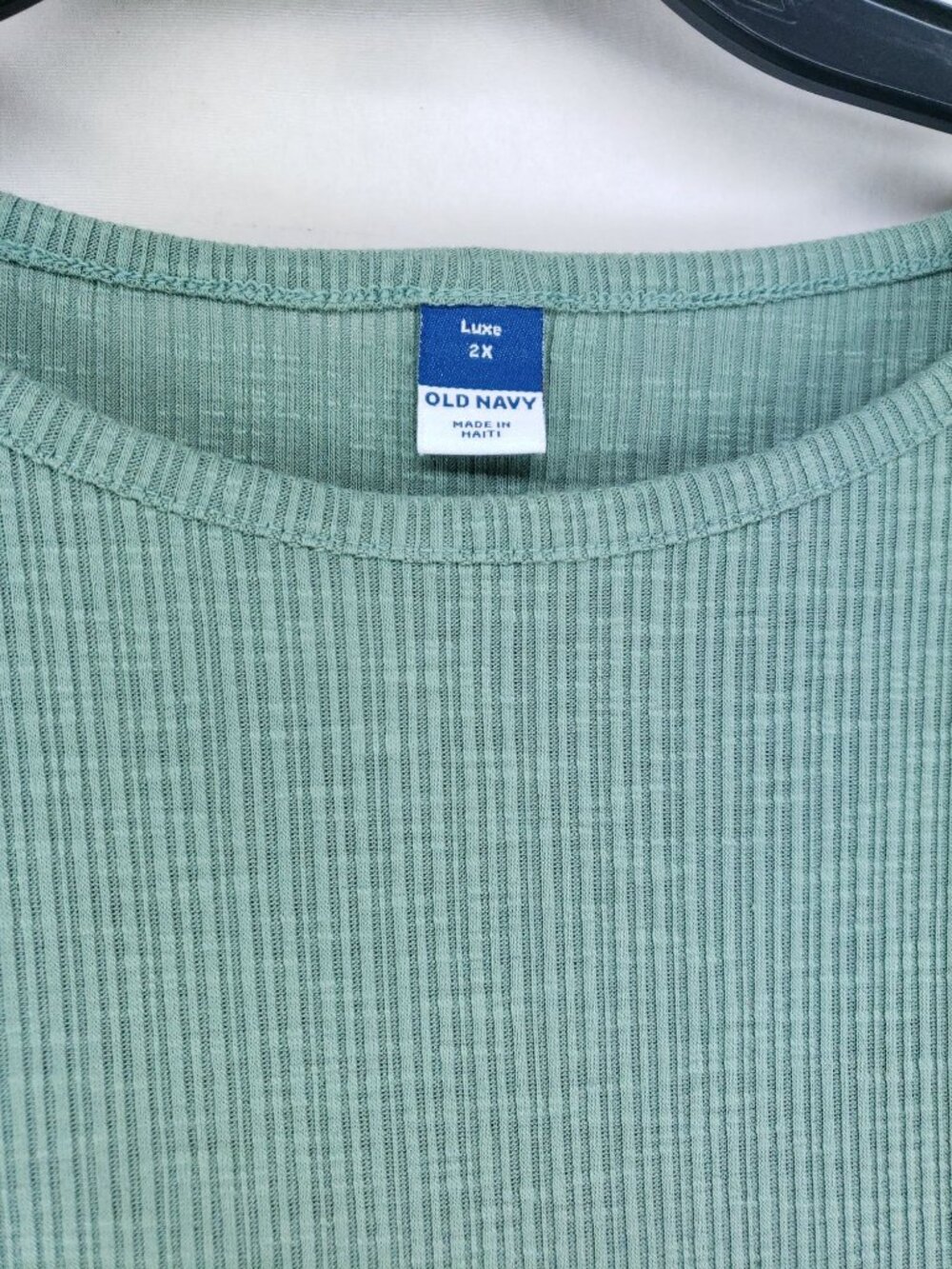 2 Old Navy Luxe Womens 2X Ribbed Knit Top Short Sleeve Crew Neck Green & Gray - Picture 10 of 12
